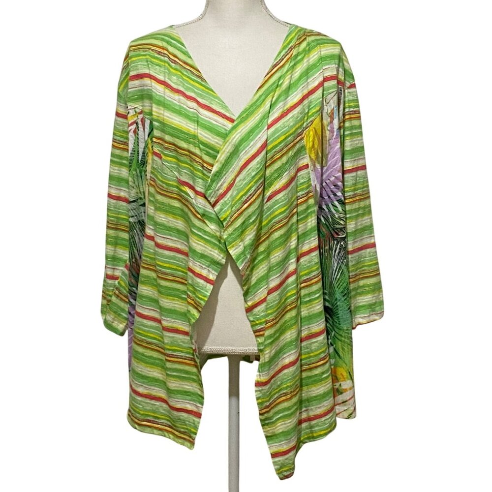 Lagenlook Open Front Wrap Kimono 2X Resort Wear Cruise Boho Tropical Striped
